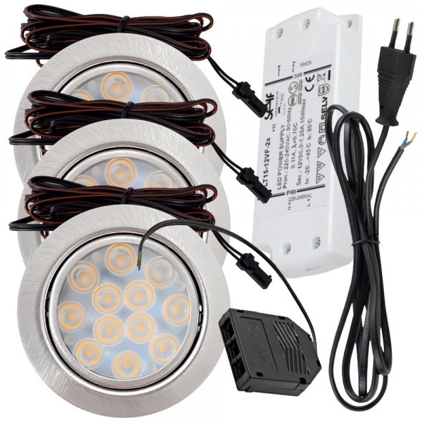 3er Set / Flache LED Einbauspots Lina / 12Volt / 3W / Kabelbaum / Stecker/ Verteilerleiste / LED Trafo / 230V Netzkabel für schaltbare Steckdosen
