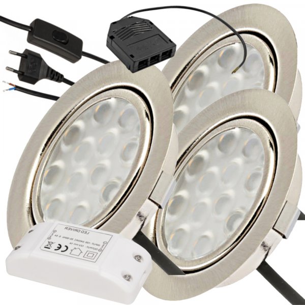 3er Set / Flache LED Einbauspots Lina / 12Volt / 3W/  LED Trafo / 230V Netzkabel mit Schnurschalter