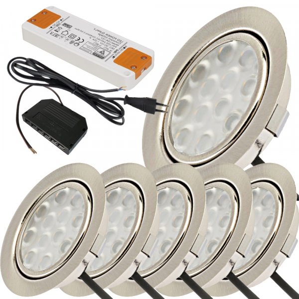 6er Set / Flache LED Einbauspots Lina / 12Volt / 3W / Kabelbaum / Stecker/ Verteilerleiste / LED Trafo / 230V Zuleitung