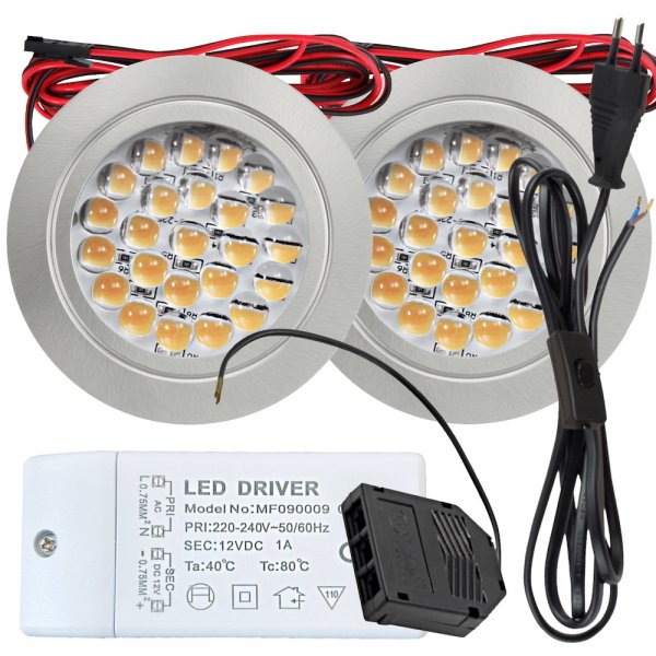 2 Stück Flache LED Möbel Einbaustrahler Mira - 12V - 2,4W - Loch 58 - 60mm - 230V Zuleitung mit Schnurschalter