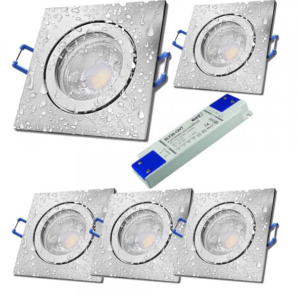 5er Set = 12Volt Bad Einbaustrahler Marin | IP44 | 3W | MCOB LED | inklusive LED Trafo 20Watt