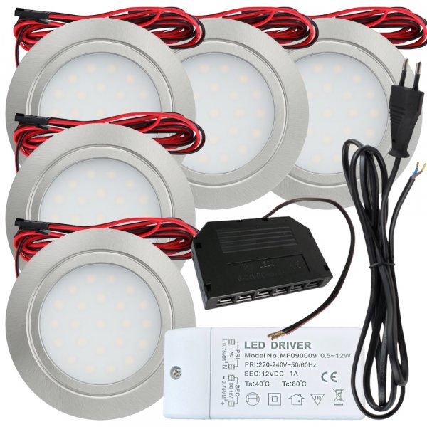 5 Stück Flache LED Möbel-Einbaustrahler Mila  12V - 2,4W - LED Trafo - 230V Zuleitung mit Stecker