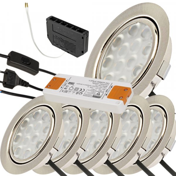6er Set / Flache LED Einbauspots Lina / 12Volt / 3W / Kabelbaum / Stecker / LED Trafo / 230V Zuleitung mit Schnurschalter