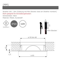 6er Set / Flache LED Einbauspots Lina / 12Volt / 3W / Kabelbaum / Stecker / LED Trafo / 230V Zuleitung mit Schnurschalter
