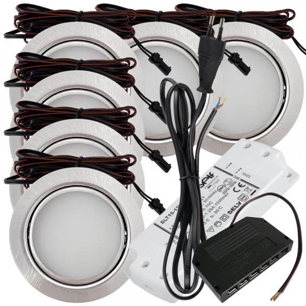 6 Stück - Flache LED Möbel Einbauleuchte Milena 12V - 3W - Mit LED Trafo und 230V Zuleitung