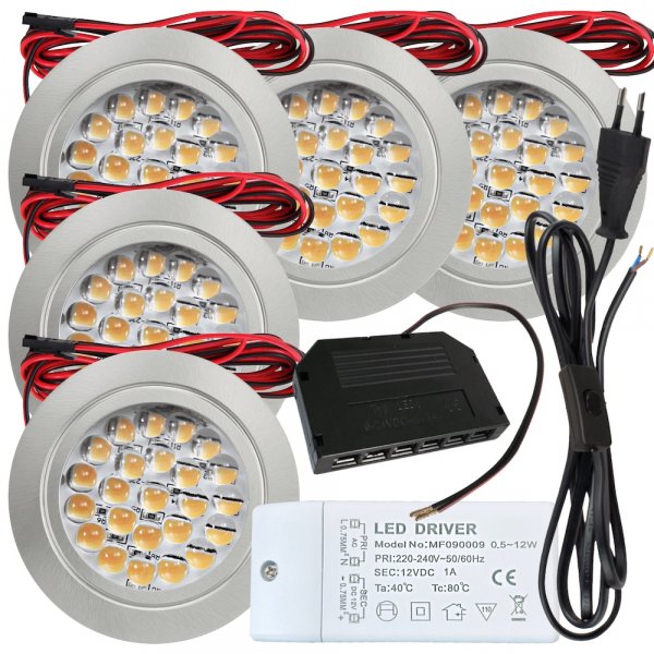 5 Stück Flache LED Möbel Einbaustrahler Mira - 12V - 2,4W - 230V Zuleitung mit Schnurschalter