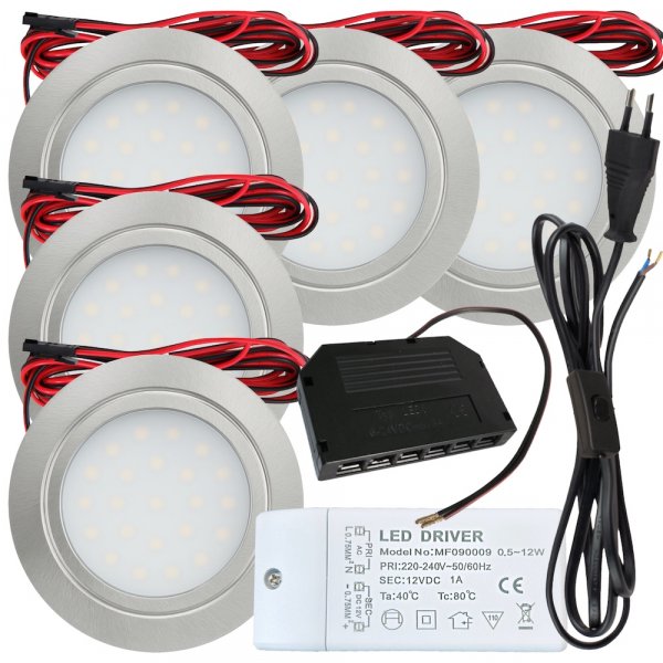 5 Stück Flache LED Möbel-Einbaustrahler Mila  12V - 2,4W - LED Trafo - 230V Zuleitung mit Schnurschalter