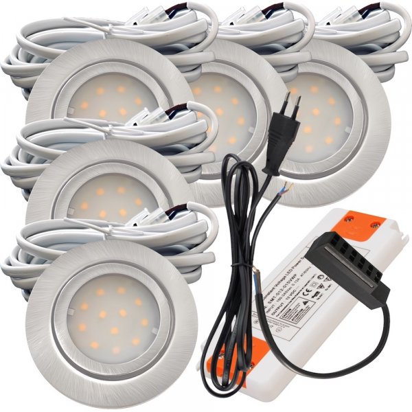 5er Set | Flache LED Möbel Einbauspots New Lina | 12V | 2W | LED Trafo | 230V Zuleitung