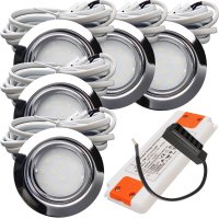 5er Set | Flache LED Möbel Einbauspots New Lina | 12V | 2W | LED Trafo | 230V Zuleitung