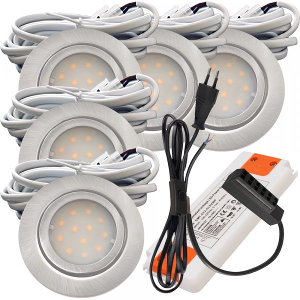5er Set | Flache LED Möbel Einbauspots New Lina | 12V | 2W | LED Trafo | 230V Zuleitung mit Schnurschalter
