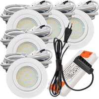5er Set | Flache LED Möbel Einbauspots New Lina | 12V | 2W | LED Trafo | 230V Zuleitung mit Schnurschalter