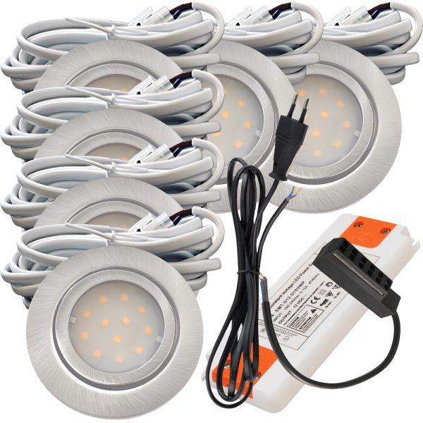 6er Set | Flache LED Möbel Einbauspots New Lina | 12V | 2W | LED Trafo | 230V Zuleitung