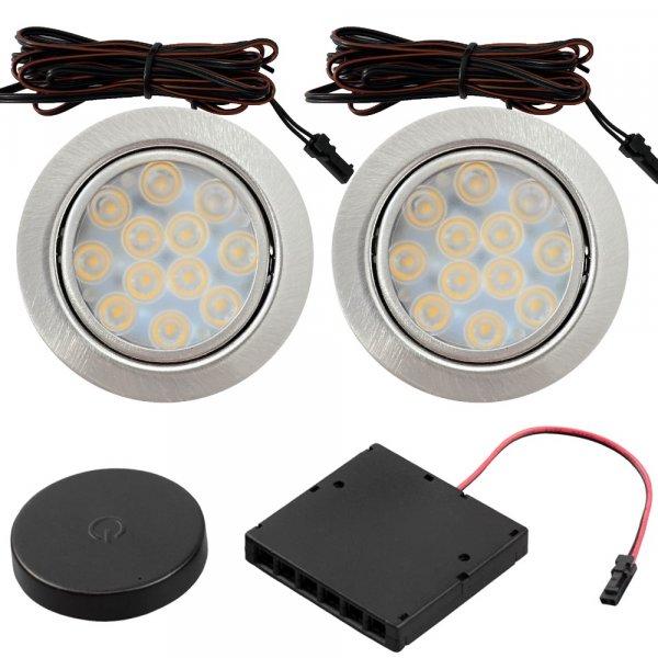 2er Set Flache LED Möbel Einbauspots Lina 12V - 3W - mit Dimmer und Fernbedienung