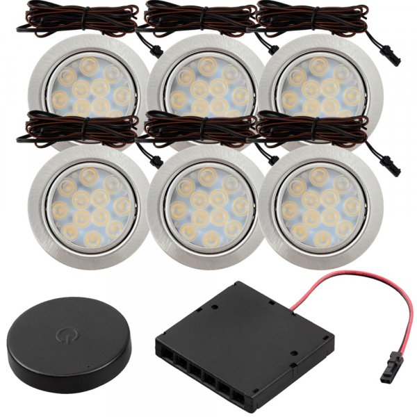 6er Set Flache LED Möbel Einbauspots Lina 12V - 3W - mit Dimmer und Fernbedienung