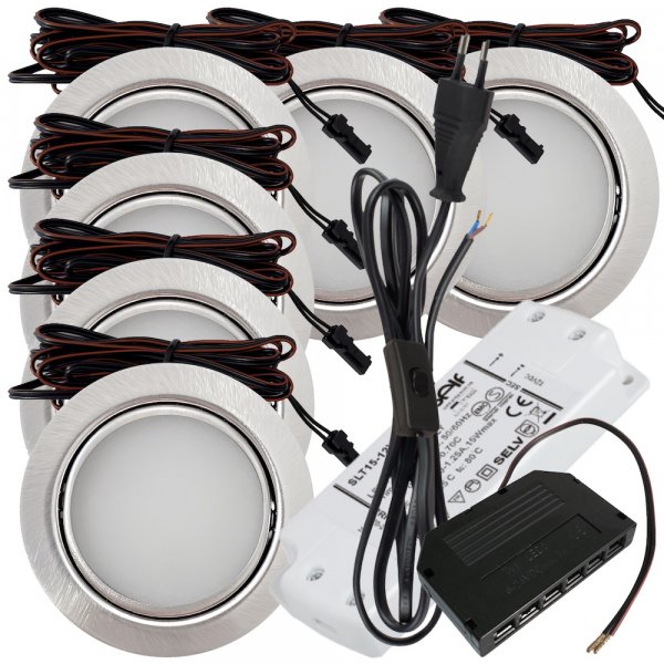 6 Stück - Flache LED Möbel Einbauleuchte Milena 12V - 3W - Mit LED Trafo und 230V Zuleitung und Schnurschalter