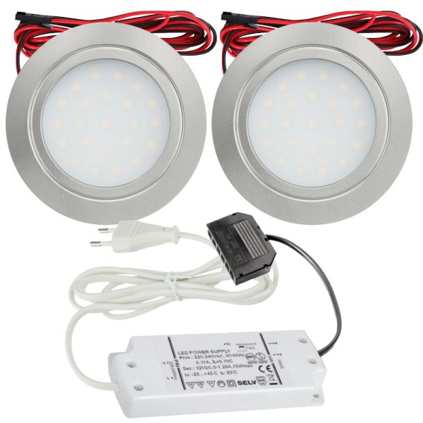 2er Set / Flache LED Einbauspots Mila / 12Volt / 2,4W / Kabelbaum / Stecker/ Verteilerleiste / LED Trafo vormontiert
