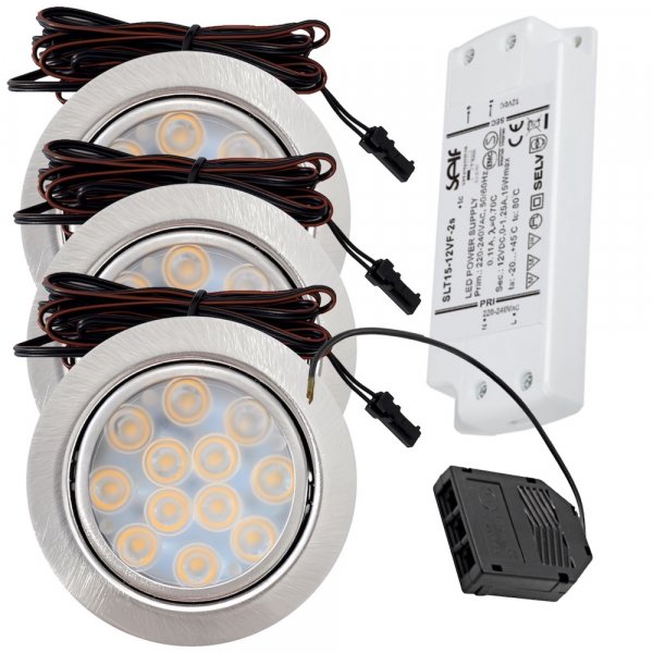 3er Set / Flache LED Einbauspots Lina / 12Volt / 3W / Kabelbaum / Stecker/ Verteilerleiste / LED Trafo / Einbautiefe nur 15mm