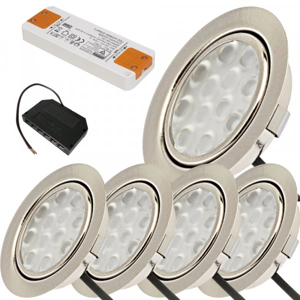5er Set / Flache LED Einbauspots Lina / 12Volt / 3W / Kabelbaum / Stecker/ Verteilerleiste / LED Trafo / Einbautiefe nur 15mm
