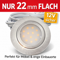 6er Set Flache LED-Möbel-Einbauspots New Lina, IP44, 12V, 2W, inklusive Plug & Play Trafo