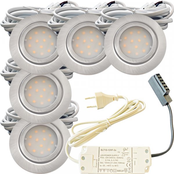 5er Set Flache LED-Möbel-Einbauspots New Lina, IP44, 12V, 2W, inklusive Plug & Play Trafo