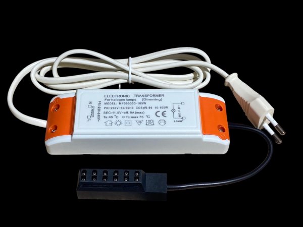 Halogen Trafo 105 W – 12 V, eckig, mit 230 V Zuleitung & Stecker Plug & Play