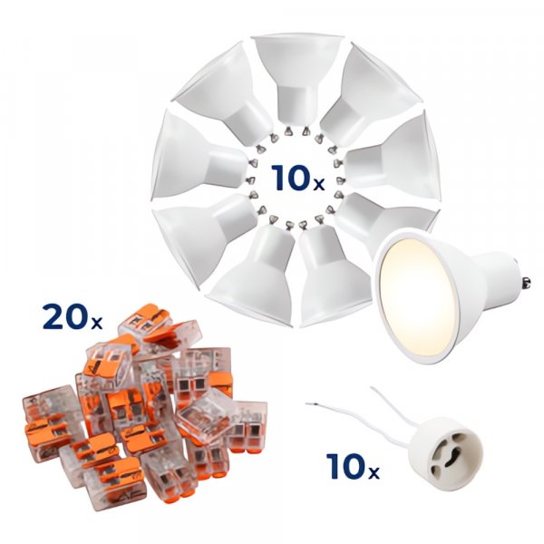 10er-Set LED Leuchtmittel GU10 – warmweiß 3000K inkl. Fassungen & WAGO-Klemmen