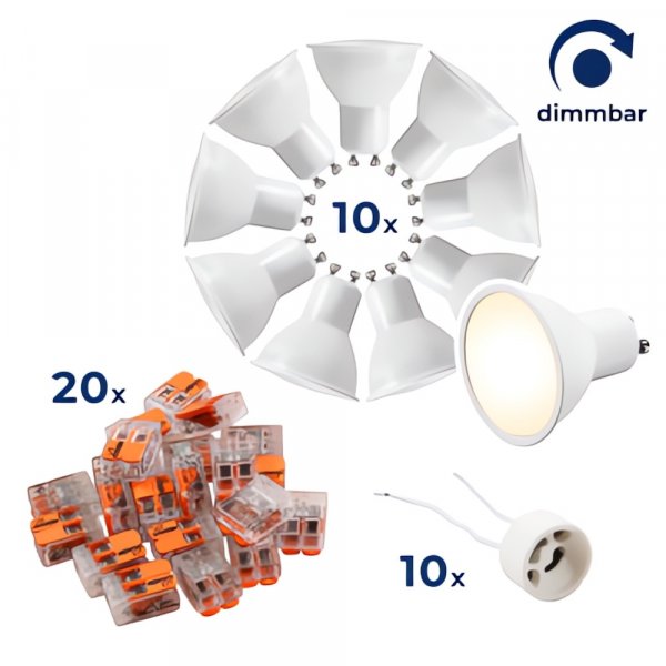 10er-Set dimmbare LED GU10 – 510 Lumen, 3000K inkl. Fassungen & WAGO-Klemmen