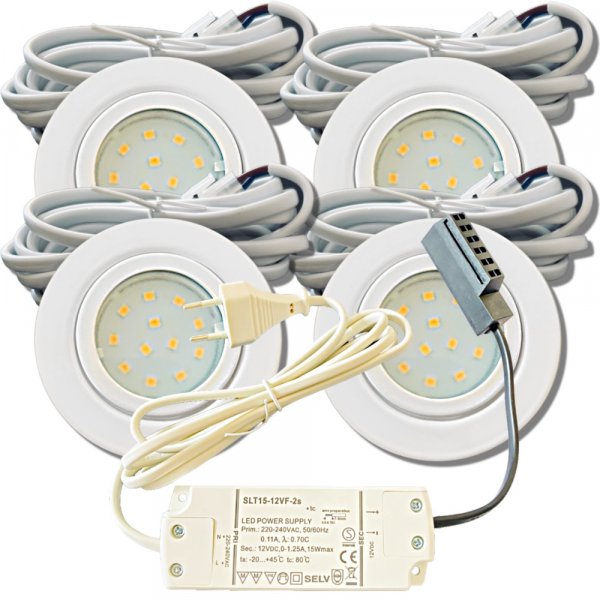 4er Set Flache LED-Möbel-Spots New Lina IP44, 12V, 2,2W, inklusive Plug & Play Trafo. Weiß