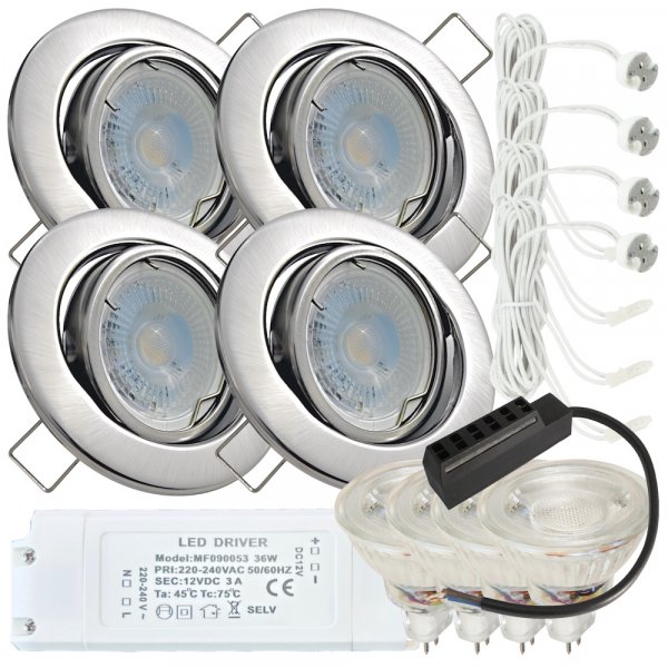 4er LED Einbaustrahler „Tomas“ – 12V, 3W, schwenkbar, GU5.3 MR16, inkl. AMP-System & Trafo