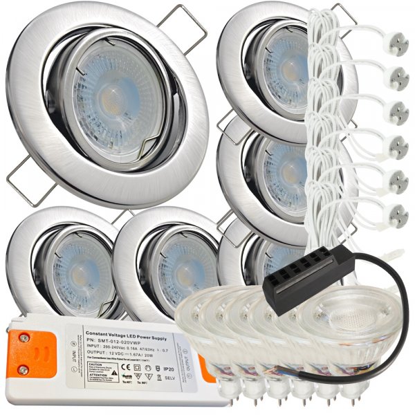 6er LED Einbaustrahler „Tomas“ – 12V, 3W, schwenkbar, GU5.3 MR16, inkl. AMP-System & Trafo
