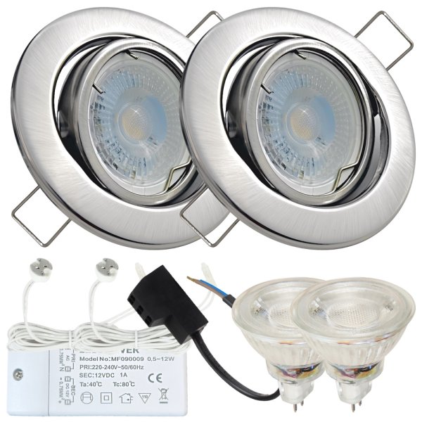 2er LED Einbaustrahler „Tomas“ – 12V, 5W, schwenkbar, GU5.3 MR16, inkl. AMP-System & Trafo