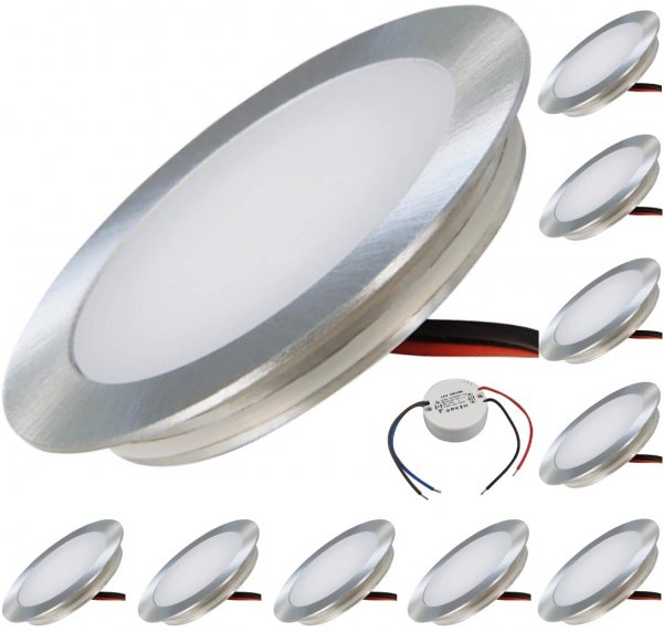 10er Set SMD Bodeneinbauspots 12Volt + 2 x LED Rundtrafo. Für Laminat, Parkett, Fliesen usw. Begehbar - IP67. Abwaschbar.