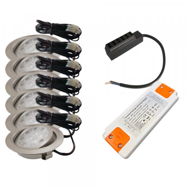6er Set LED Einbaustrahler Alina 12Volt 3W inkl. 20W LED Trafo, Zuleitung und AMP Verteiler. Schwenkbar - IP20