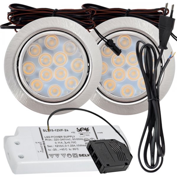 2er Set / Flache LED Einbauspots Lina / 12Volt / 3W / LED Trafo /  230V Netzkabel für schaltbare Steckdosen