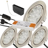 4er Set / Flache LED Einbauspots Lina / 12Volt / 3W / Kabelbaum / Stecker/ Verteilerleiste / LED Trafo / Schnurschalter