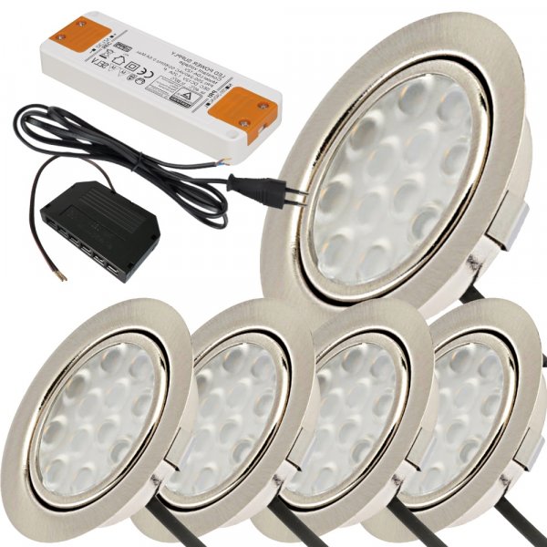 5er Set / Flache LED Einbauspots Lina / 12Volt / 3W / Kabelbaum / Stecker/ Verteilerleiste / LED Trafo /  230V Netzkabel für schaltbare Steckdosen